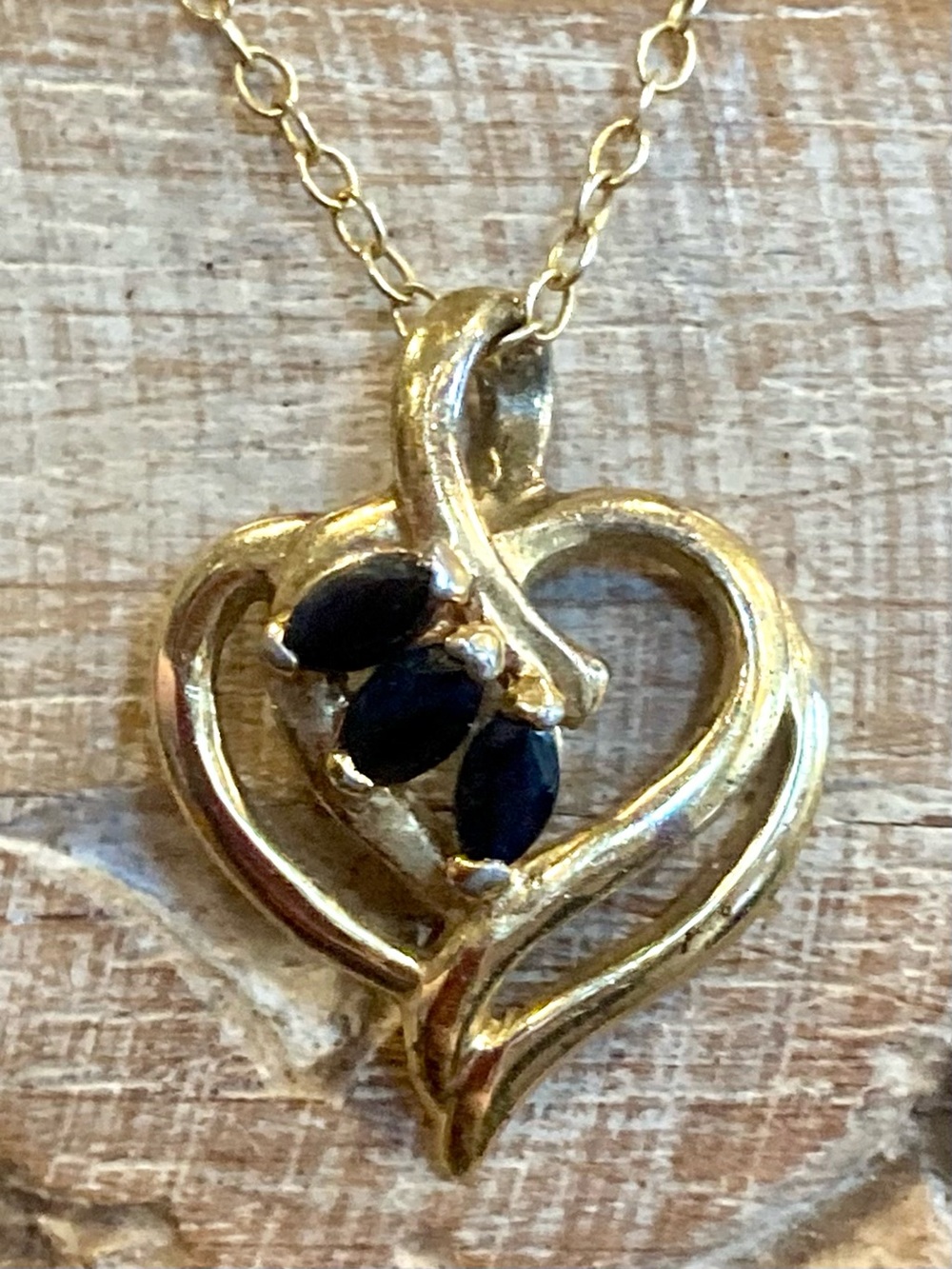 Vintage 925 Sterling Silver Gold Tone Heart Pendant Necklace with Black Stones